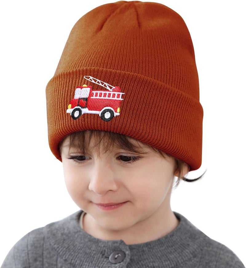 KDVOG Store Kids Knit Beanie Cute Fire Trucks Embroidery Warm Cuffed Skull Caps Classic Autumn Winter Hats for Boys Girls 3-8 Years - Image 2